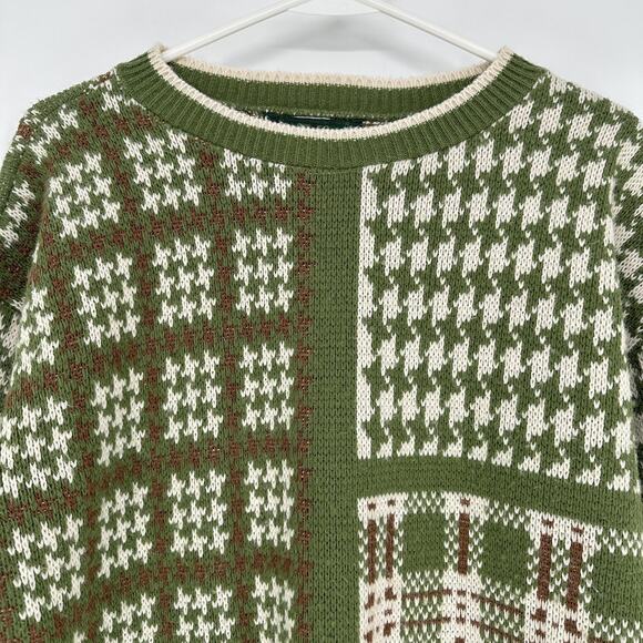 VINTAGE Dana Scott Sweater Womens Small Green Brown Patchwork Knit Made USA 90s - Picture 2 of 8